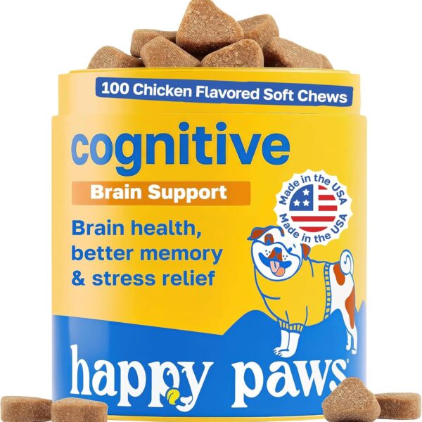 Happy Paws Cognitive Supplement for Dogs, Chicken Soft Chews with Taurine, Spirulina, CoQ10 & Vitamins B1, B3, B12, Supports Cognitive Function, Memory and Focus, Chews for Small to Large Dogs