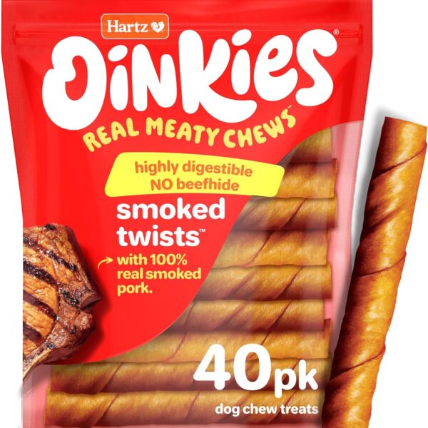 Hartz Oinkies Smoked Twists with Naturally Smoked Pork Rawhide-Free Dog Treats, Highly Digestible Long Lasting Dog Chews, 40 Count