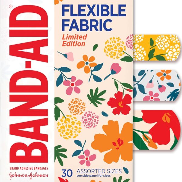 Band-Aid Brand Flexible Fabric Adhesive Bandages, Comfortable Flexible Protection & Wound Care for Minor Cuts & Scrapes, First Aid Bandage with a Wildflower Design, Assorted Sizes, 30 ct