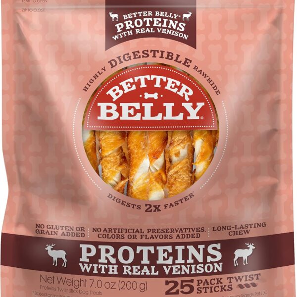 Better Belly Highly Digestible Rawhide Twist Sticks Chews, Treat Your Dog to a Chew with NO Artificial Colors or Flavors