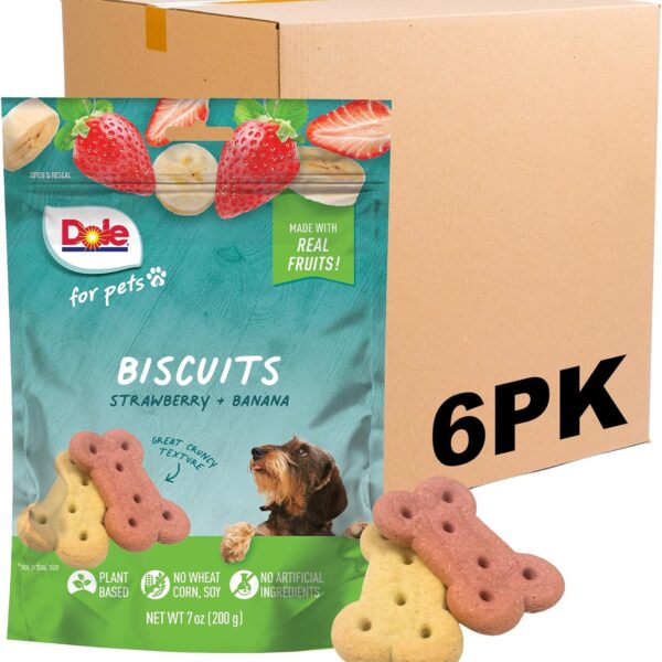 Dole for Pets - Freshly Fetched Banana & Strawberry Dog Biscuits | Real Fruit Flavor | Vegan Crunchy Snacks | No Wheat, Corn, Soy or Artificial Additives, 7 Ounce - 6 Pack