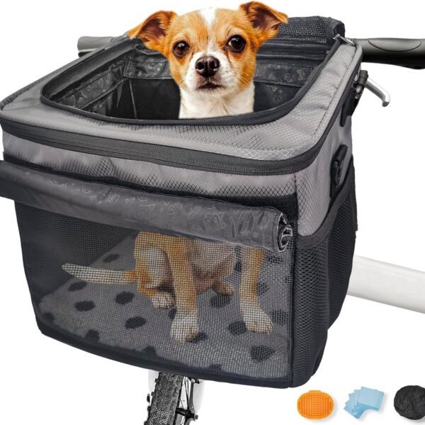 VeluXanipyr Dog Bike Basket,Cat Backpack Carrier,Dog Bike Carrier Hard,Pet Car Seat with Extended Single Shoulder Strap,Pet Shoulder Bag with Pet Bath BrushDisposable Pee Pads 5pcs,Gray