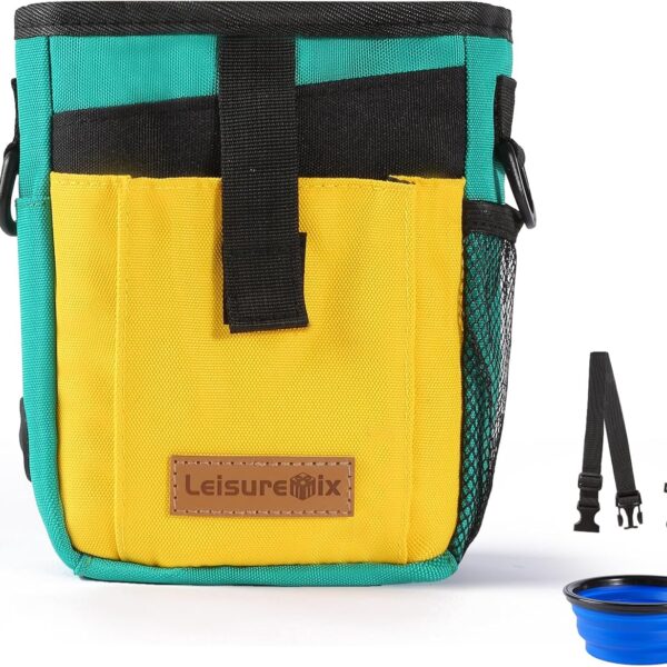 Dog Treat Pouch with Collapsible Bowl & Zippered Pockets Hands-Free Training Treat Pouch Bag for Dogs Waterproof Pet Waist Bag, Adjustable Strap Training, Hiking, Outdoor Use (Green & Yellow)