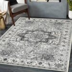 5x7 Machine Washable Area Rug, Ultra Soft Low-Pile Boho Vintage Carpet, Non-Slip Indoor Rug for Living Room, Bedroom (Gray)