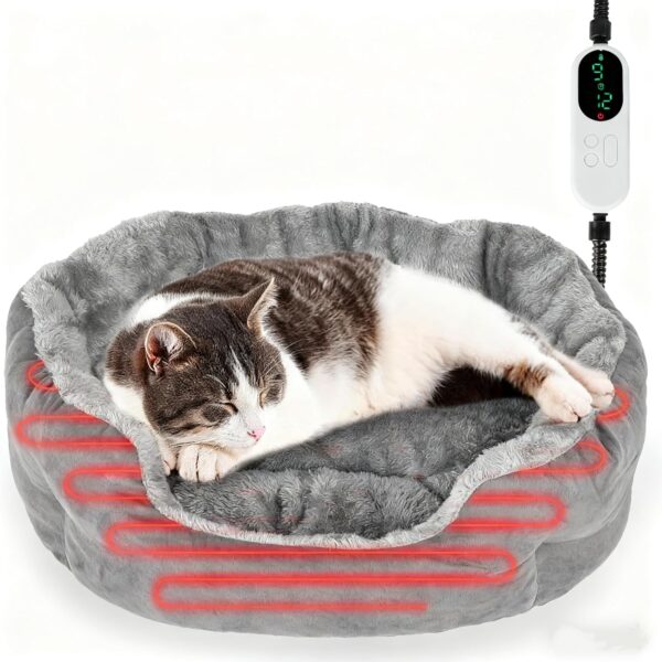 Heated Cat Bed for Indoor Cats, Adjustable Temperature Thermo Round Cat Bed with Timer, Self Warming Cat Bed Donut with Heating Pad, Washable Electric Heating Pet Bed for Kitty and Small Dogs