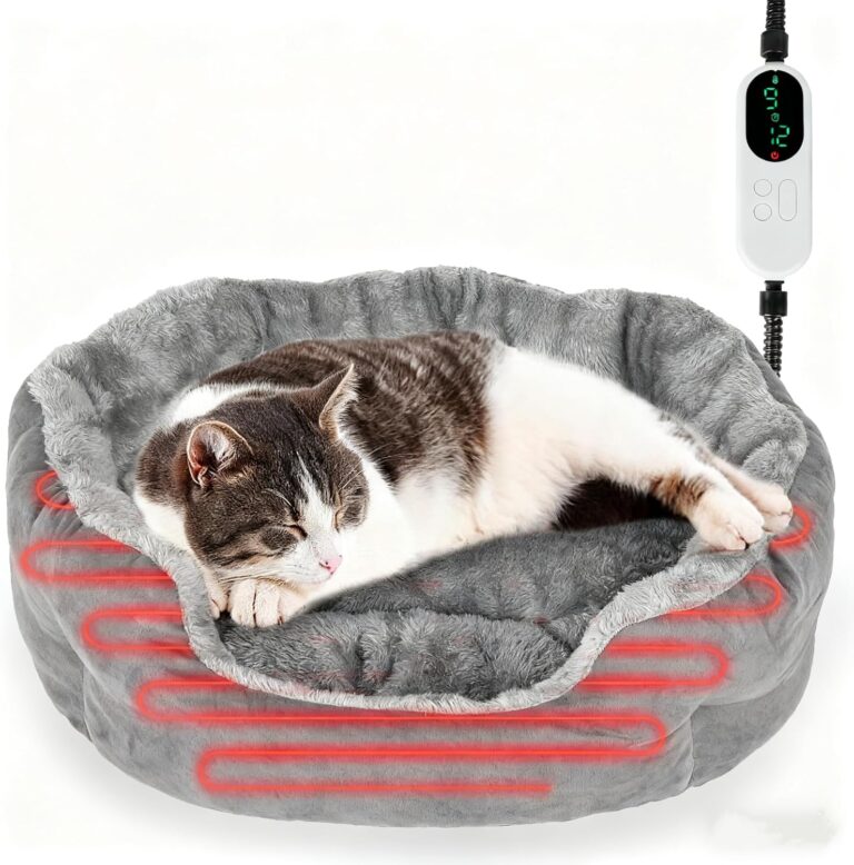 Heated Cat Bed for Indoor Cats, Adjustable Temperature Thermo Round Cat Bed with Timer, Self Warming Cat Bed Donut with Heating Pad, Washable Electric Heating Pet Bed for Kitty and Small Dogs