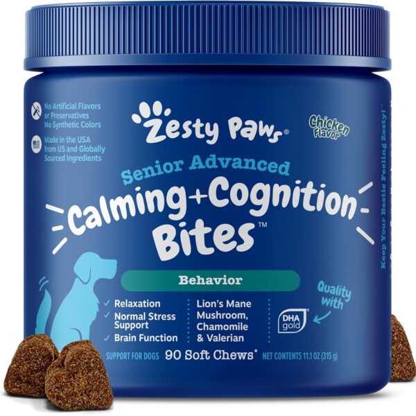 Zesty Paws Senior Advanced Calming & Cognition Soft Chews for Dogs - Supplements for Dog Brain Health & Nervous System Support + Calming & Relaxation -with Ashwagandha, DHA & Melatonin