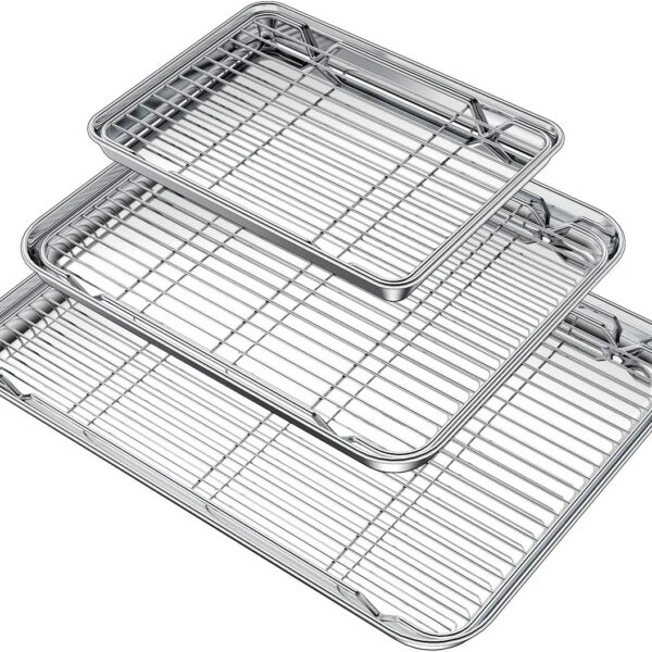 Wildone Baking Sheet with Rack Set (3 Pans + 3 Racks), Stainless Steel Baking Pan Cookie Sheet with Cooling Rack, Non Toxic & Heavy Duty & Easy Clean