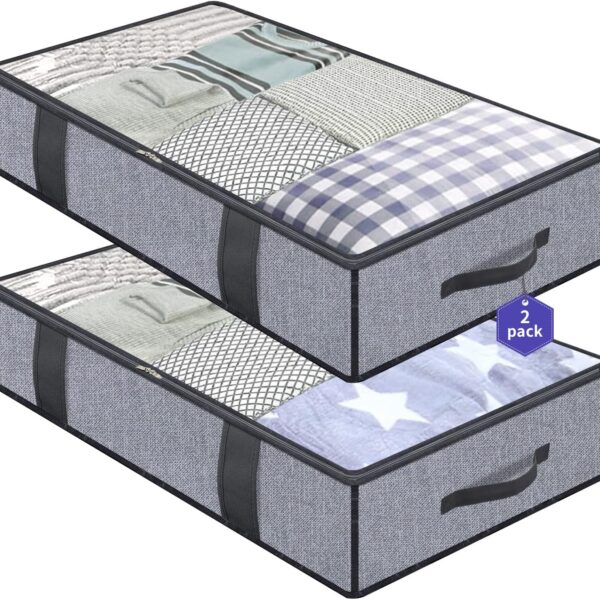 Onlyeasy Foldable Underbed Bags 2 Pack - Blankets Clothes Comforters Storage Bag Breathable Zippered Organizer for Bedroom with Clear Window and 4 Handles, 39.4x19.7x5.9 in, Linen-like Grey, MXDUBBP2