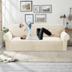 MAXIJIN Stretch Couch Cover Sofa Covers for 3 Cushion Couch (71"-91" Washable Sofa Slipcovers with Non-Slip Foam & Elastic Strap, Dog Cat Pet Friendly Furniture Protector (Large, Beige)