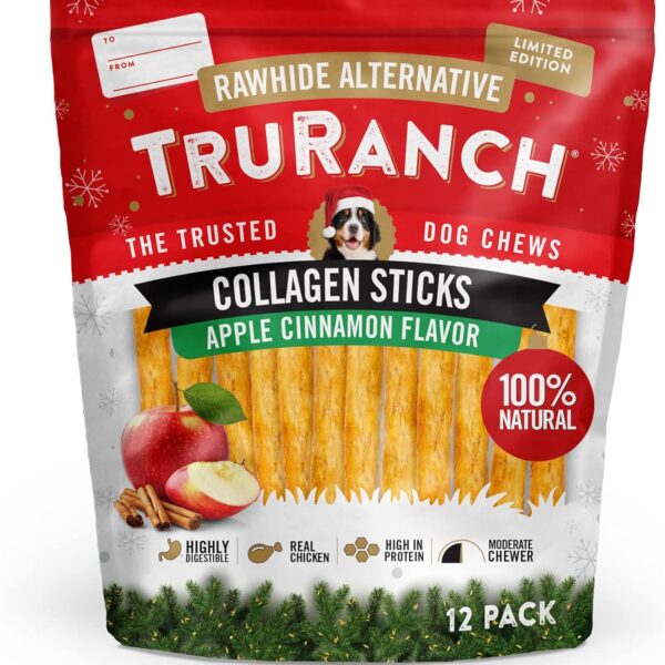 TRURANCH 5" Collagen Sticks Apple Cinnamon Flavored - 1 Bag, 12 Count, Holiday Limited Edition, Stocking Stuffer, Rawhide Free, Limited Ingredients Dog Chew