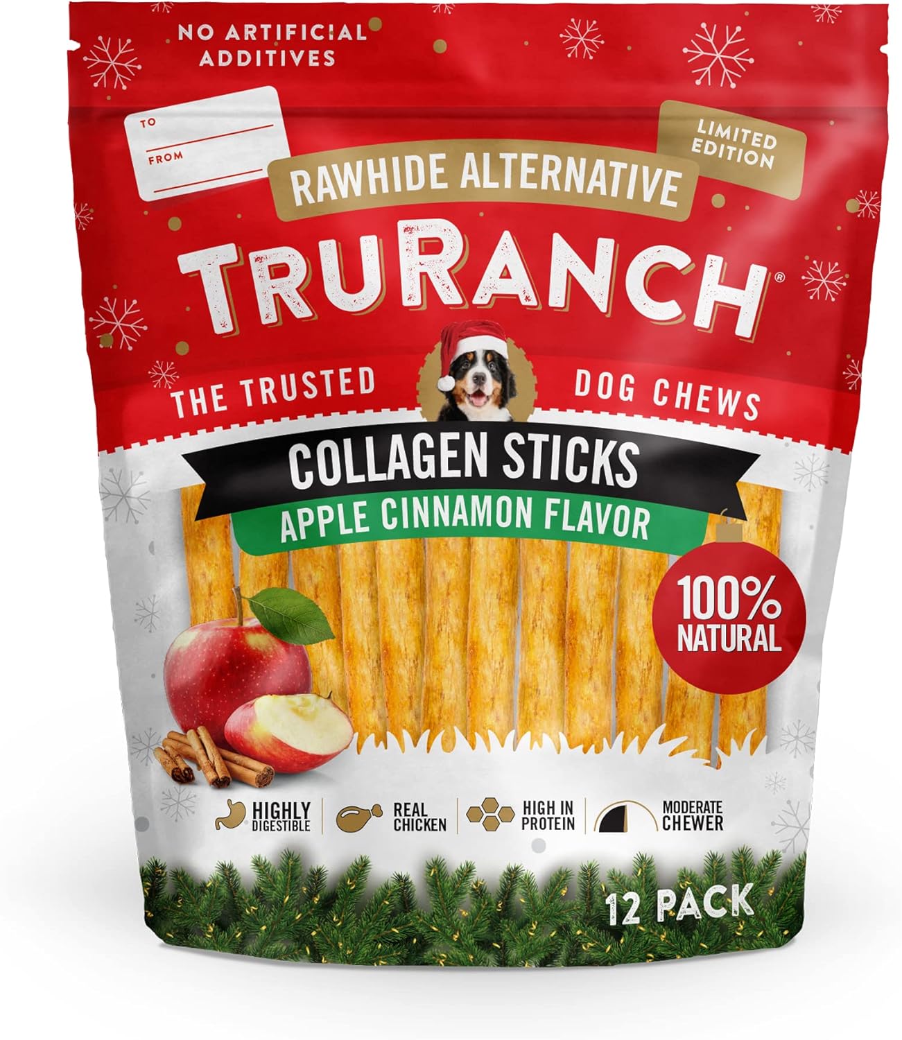 TRURANCH 5" Collagen Sticks Apple Cinnamon Flavored - 1 Bag, 12 Count, Holiday Limited Edition, Stocking Stuffer, Rawhide Free, Limited Ingredients Dog Chew TRURANCH 5" Collagen Sticks Apple Cinnamon Flavored - 1 Bag, 12 Count, Holiday Limited Edition, Stocking Stuffer, Rawhide Free, Limited Ingredients Dog Chew