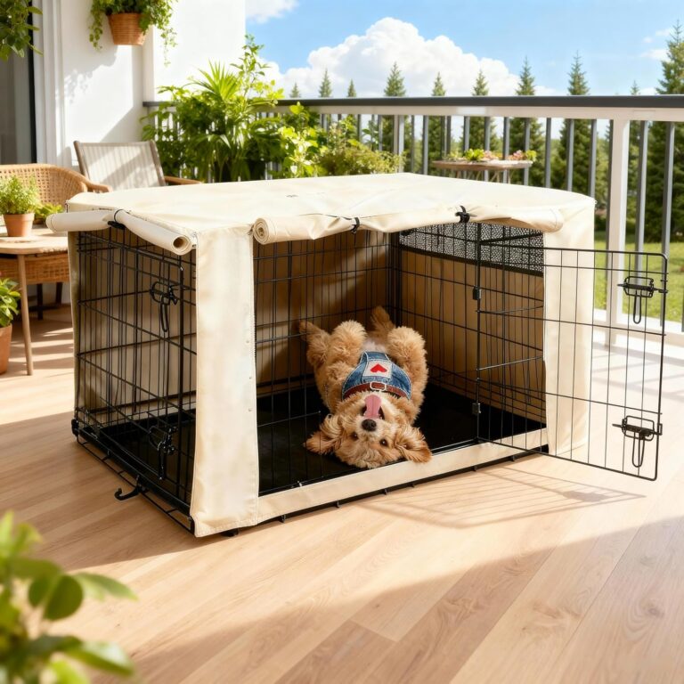 HiCaptain Dog Crate Cover 42.0" L x 28.0" W x 30.0" H with Breathable Mesh, Durable Heavy Duty Kennel Cover, Dual Zippered Panels, Windproof Waterproof UV-Resistant(Beige)