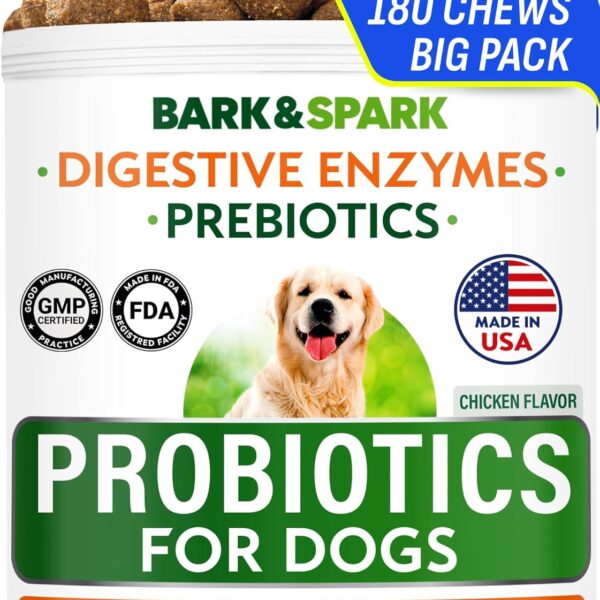 BARK&SPARK Dog Probiotics & Digestive Enzymes (Gut Health) Allergy & Itchy Skin - Pet Diarrhea Gas Treatment Upset Stomach Relief, Digestion Health Prebiotic Supplement Tummy Treat (180Ct Chicken)