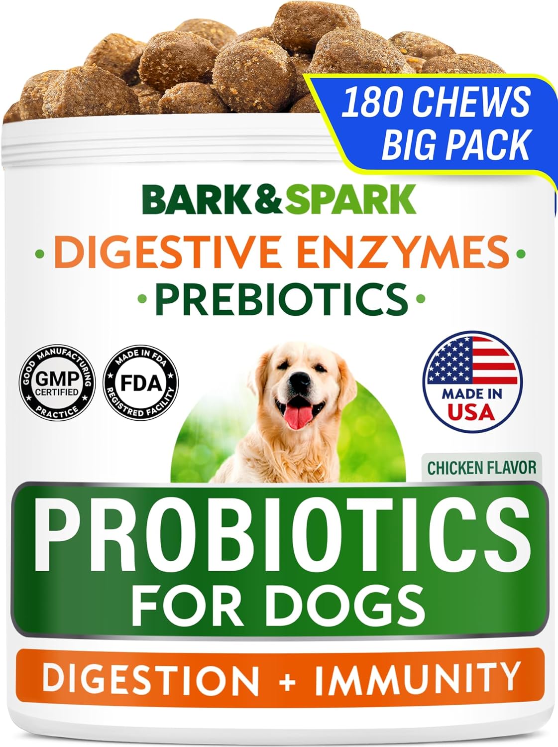 BARK&SPARK Dog Probiotics & Digestive Enzymes (Gut Health) Allergy & Itchy Skin - Pet Diarrhea Gas Treatment Upset Stomach Relief, Digestion Health Prebiotic Supplement Tummy Treat (180Ct Chicken) BARK&SPARK Dog Probiotics & Digestive Enzymes (Gut Health) Allergy & Itchy Skin - Pet Diarrhea Gas Treatment Upset Stomach Relief, Digestion Health Prebiotic Supplement Tummy Treat (180Ct Chicken)
