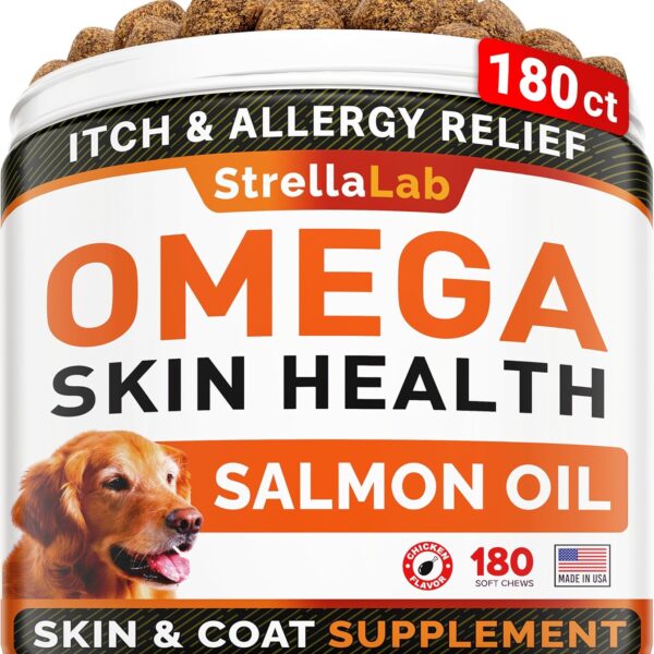 StrellaLab Omega 3 for Dogs - (180Ct) Fish Oil Treats - Allergy & Itch Relief Skin & Coat Supplement - Dry Itchy Skin, Anti Shedding & Hot Spots Treatment - Pet Salmon Oil Chews - Chicken Flavor