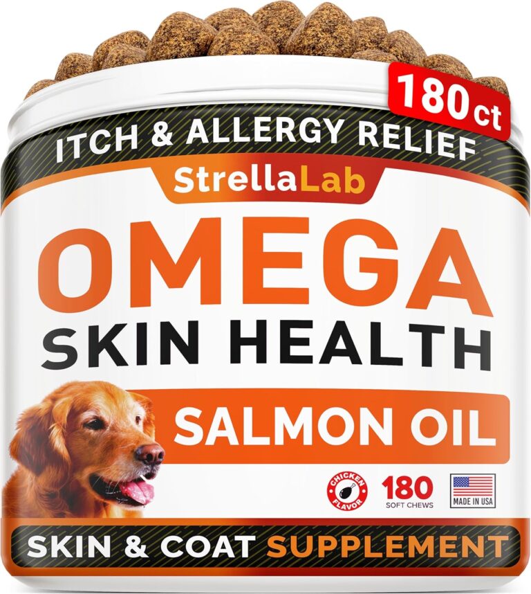 StrellaLab Omega 3 for Dogs - (180Ct) Fish Oil Treats - Allergy & Itch Relief Skin & Coat Supplement - Dry Itchy Skin, Anti Shedding & Hot Spots Treatment - Pet Salmon Oil Chews - Chicken Flavor