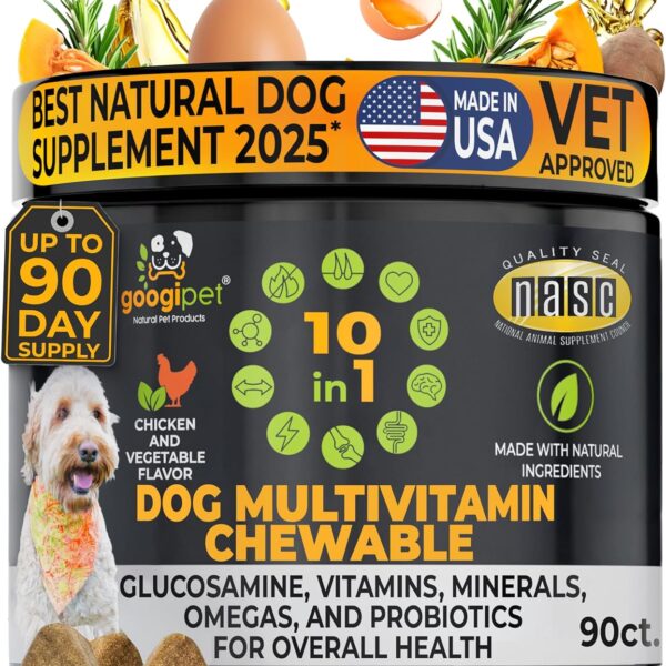 Googipet Premium 10 in 1 Dog Vitamins Multivitamin Chewable with Probiotics for Gut Health, Dog Vitamins and Supplements w/Vitamin C & Glucosamine for Joint Support (Chicken & Vegetable Flavor)