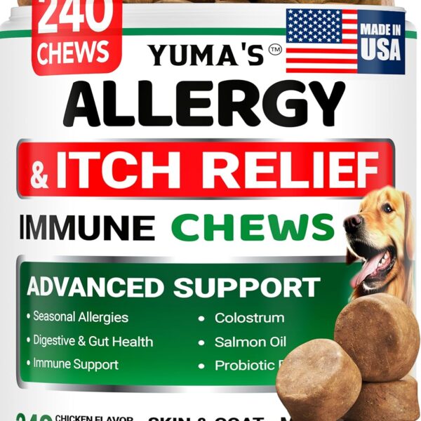 Dog Allergy Relief Chews - 240 Immune Treats - Dog Itching Skin Relief Treatment Pills - Anti-Itch - Itchy and Paw Licking - Omega 3 Fish Oil for Dogs Allergies - Dry Skin & Coat Supplement Vitamins
