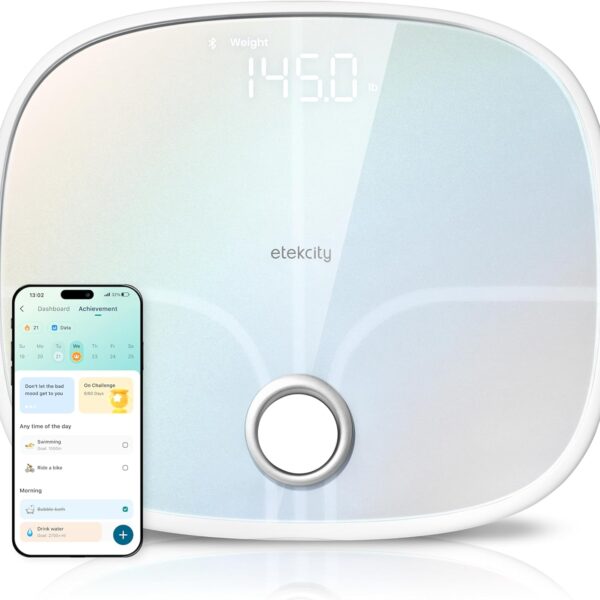 Etekcity Smart Rechargeable Scale for Body Weight, BMI, Fat, Muscle Mass, FSA&HSA Eligible, Digital Bathroom Scale with 13 Metrics, Secret Mode, Bluetooth Connect to Free Apps, Rainbow White
