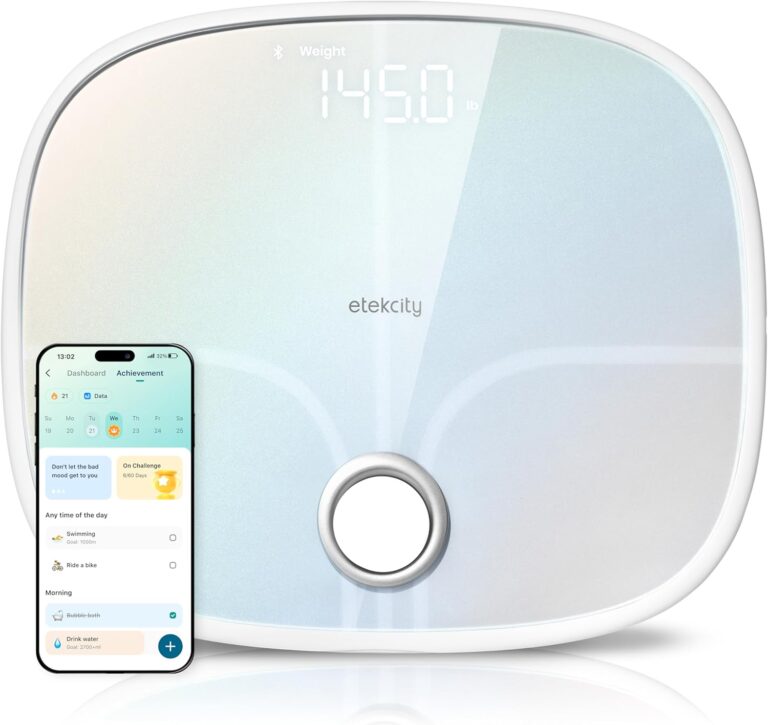 Etekcity Smart Rechargeable Scale for Body Weight, BMI, Fat, Muscle Mass, FSA&HSA Eligible, Digital Bathroom Scale with 13 Metrics, Secret Mode, Bluetooth Connect to Free Apps, Rainbow White