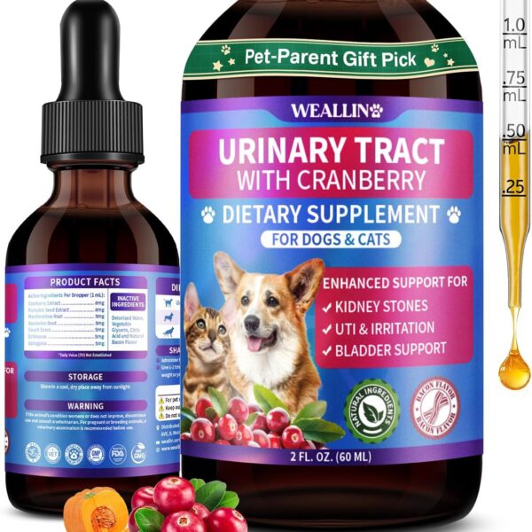 Cat & Dog Natural Urinary Tract Infection Treatment with Cranberry, Kidney, and Bladder Support Supplement, Support for Urinary Comfort & Bladder Flow  Pet Renal Care Support Drops
