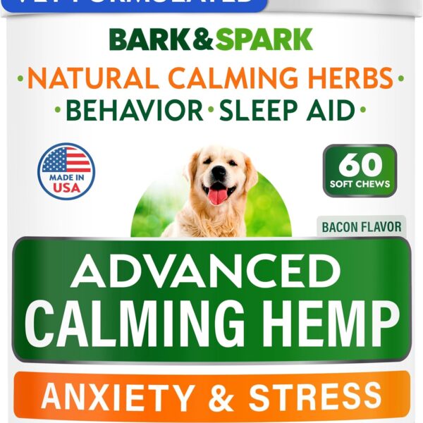 BARK&SPARK Advanced Calming Chews for Dogs - Hemp Chew + Melatonin - Anxiety Relief - Sleep Aid - Relaxing Treats - Stress Relief During Fireworks, Storms, Thunder, Barking - Made in USA - BBQ - 60Ct