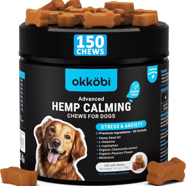 Hemp Calming Chews for Dogs - 150 pcs - for Stress, Travel, Check-ups, Barking, or Grooming - Anxiety Relief with Melatonin - Chicken Flavored Calming Treats