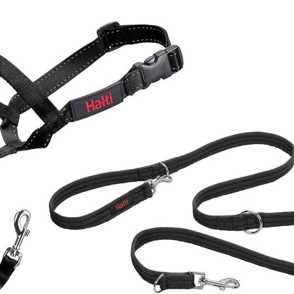 HALTI Headcollar Size 3, Black & HALTI Training Leash Size Large, Black Combination Pack - Stop Your Dog Pulling on the Leash. Adjustable, Lightweight with Padded Nose Band. Suitable for Medium Dogs