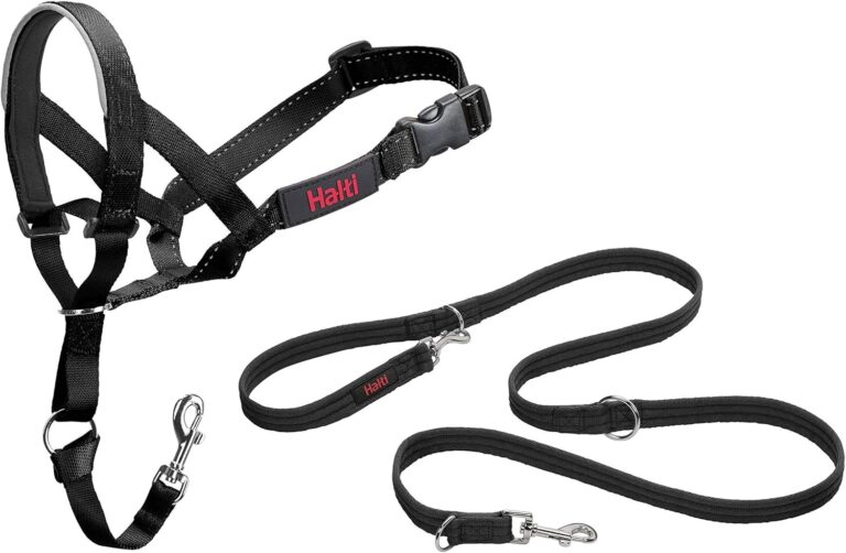 HALTI Headcollar Size 3, Black & HALTI Training Leash Size Large, Black Combination Pack - Stop Your Dog Pulling on the Leash. Adjustable, Lightweight with Padded Nose Band. Suitable for Medium Dogs