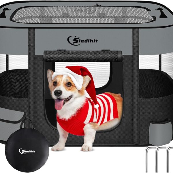 Siedihit Dog Cat Playpen, Pet Puppy Portable Pens for Outdoor Travel Crate, Indoor After Surgery Use, Foldable Dog Kennel Tent for Rabbit or Small Animals and Tent Stakes (Dark Grey, Large)