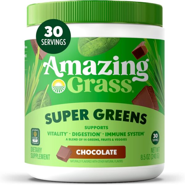 Amazing Grass Greens Superfood Powder: Greens Powder with Digestive Enzymes & Probiotics, Organic Spirulina, Chlorella, and Beet Root Powder, Chocolate, 30 Servings