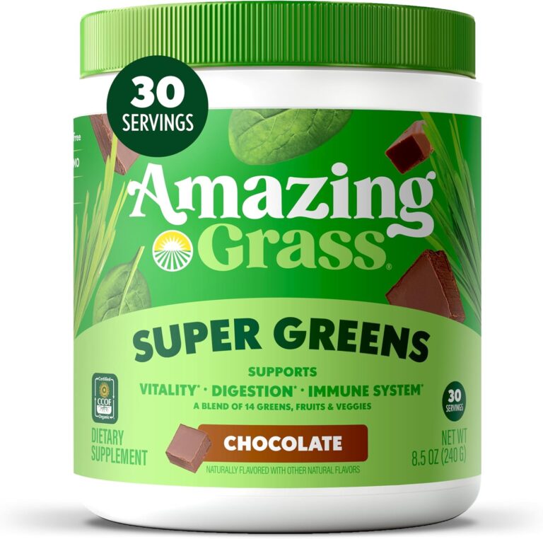 Amazing Grass Greens Superfood Powder: Greens Powder with Digestive Enzymes & Probiotics, Organic Spirulina, Chlorella, and Beet Root Powder, Chocolate, 30 Servings