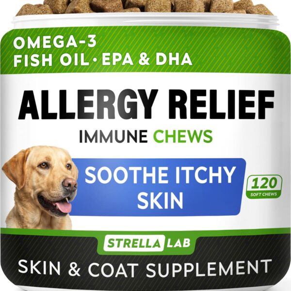 StrellaLab Dog Allergy Relief & Anti Itch Support Chews w/Omega 3: Real Ingredients, Real Taste! Skin & Coat Immune Supplement w/Fish Oil, Pumpkin & Enzymes  Developed by Experts - Made in USA -120Ct