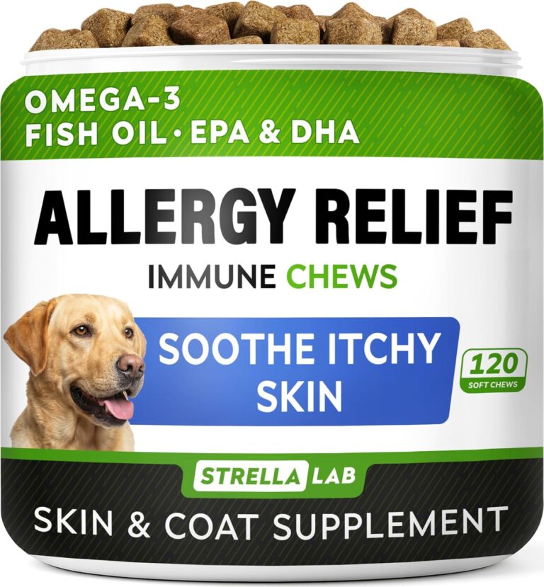StrellaLab Dog Allergy Relief & Anti Itch Support Chews w/Omega 3: Real Ingredients, Real Taste! Skin & Coat Immune Supplement w/Fish Oil, Pumpkin & Enzymes  Developed by Experts - Made in USA -120Ct