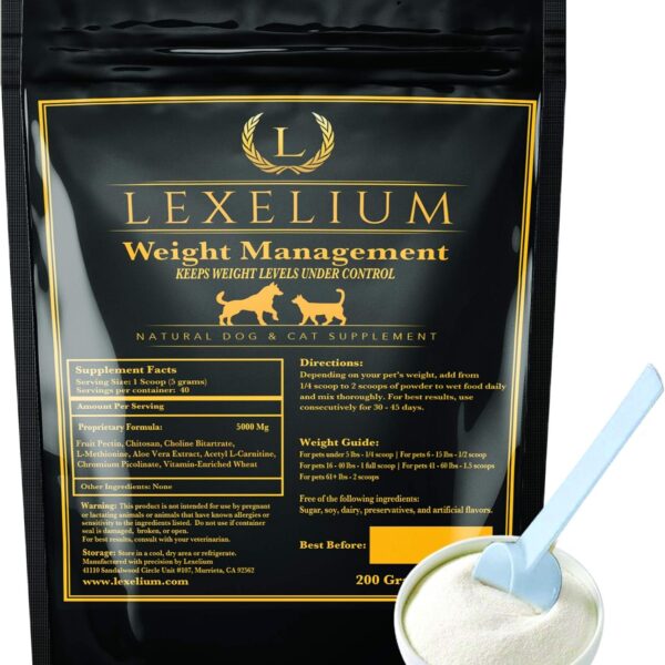 Organic Weight Management Supplement for Cats & Dogs | 100% Natural Pet Supplement Powder | Helps with Weight Loss & Curbing Appetite | Keeps Cats and Dogs from Overeating | 200 Grams