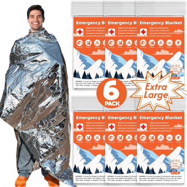 Phafaloop 6 Pack Emergency Thermal Blanket Survival, 84 x 64 Extra Large Mylar Blankets for Outdoor, Space Blanket, Silver Foil for Survival, Survival Kit Camping Blankets, Body Warmer, Hiking
