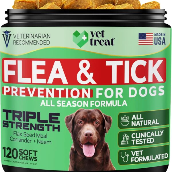 Flea and Tick Prevention for Dogs Chewables -Made in USA- Natural Dog Flea and Tick Treatment - Oral Flea Pills - Vet Recommended Flea and Tick Chews - All Breeds & Sizes - 120 Soft Treats (Chicken)