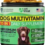 Dog Multivitamin Chewable with Glucosamine & Salmon Oil  Made USA  Puppy & Senior Supplement  120 Chews Daily Wellness Support for Joints, Immune System, Skin & Coat, Heart & Digestion