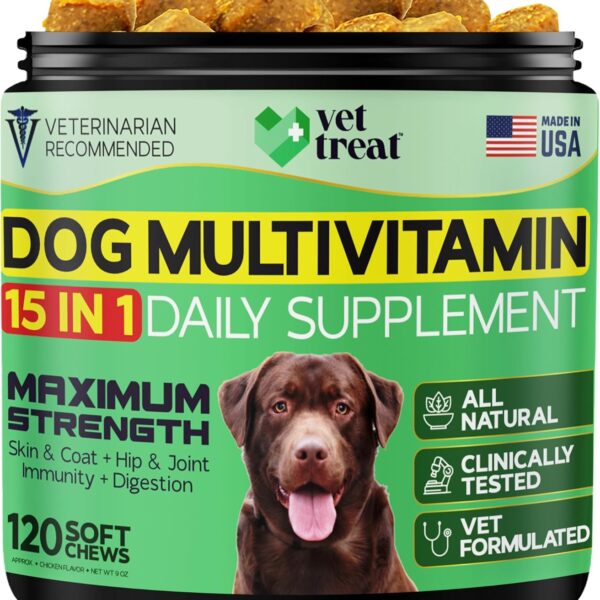 Dog Multivitamin Chewable with Glucosamine & Salmon Oil  Made USA  Puppy & Senior Supplement  120 Chews Daily Wellness Support for Joints, Immune System, Skin & Coat, Heart & Digestion