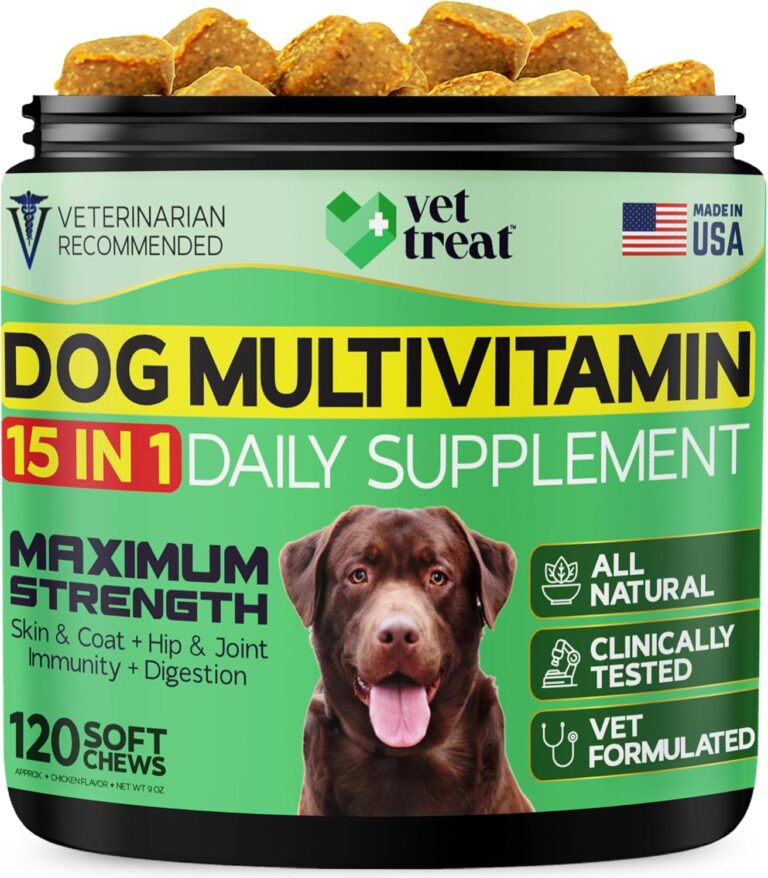 Dog Multivitamin Chewable with Glucosamine & Salmon Oil  Made USA  Puppy & Senior Supplement  120 Chews Daily Wellness Support for Joints, Immune System, Skin & Coat, Heart & Digestion