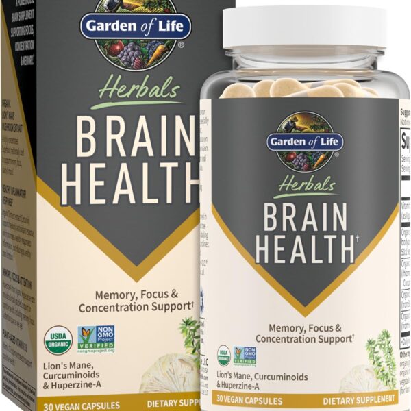 Garden of Life Brain Health Supplement with Organic Lions Mane & Turmeric, Non-GMO, Gluten-Free, Mint Flavor - for Memory, Focus & Healthy Brain Function
