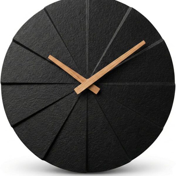 Driini Staircase Modern Wall Clock - Unique 10.5 in. Frameless Concrete Design - Contemporary, Minimalist Decor; No Numbers - Silent Battery Operated Clocks with Decorative Wooden Hands; Black