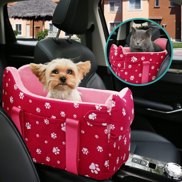 Cullaby Center Console Dog Car Seat for Small Dogs Under 15 lbs - Detachable Washable Carrier with Safety Belt & Storage Pockets, Pink
