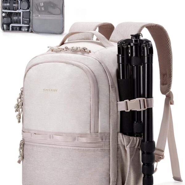 BAGSMART Camera Backpack, DSLR SLR Small Camera Bags for Photographers Compatible for Sony Canon Nikon, Shoulder Strap 2-in-1 Travel Backpack Fits 12.9" iPad, Beige