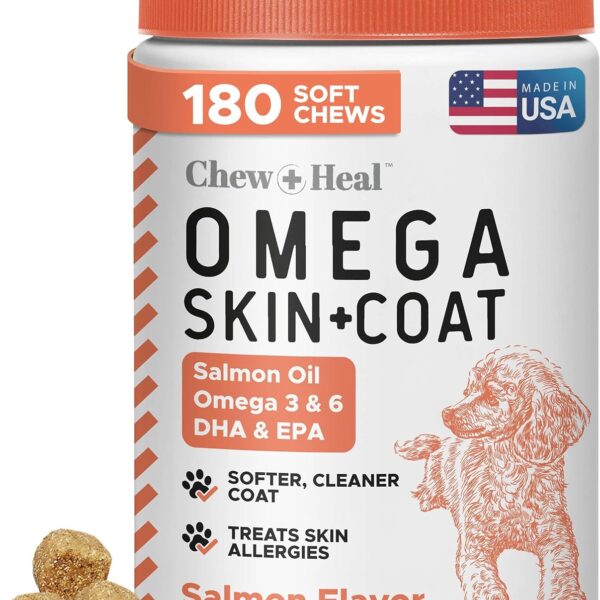 Salmon Oil for Dogs - Soft Chew Omega Treats for Skin and Coat - Fish Oil Blend of Essential Fatty Acids, Omega 3 and 6, Vitamins, Antioxidants and Minerals - Made in USA (180 Chews, Salmon)
