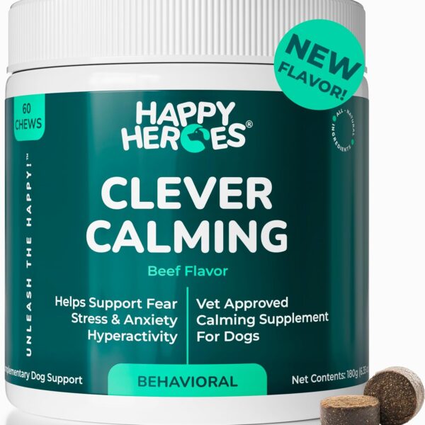 Clever Calming Chews for Dogs, 100% Natural Dog Supplement, For Anxiety Relief, Helps Stress, Fear, Hyperactivity, Reactivity, Beef Flavor Calming Dog Treats, Made in USA, 60 Soft Chews