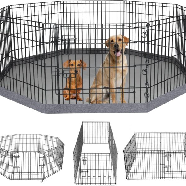 PETIME Foldable Metal Dog Exercise Pen/Pet Puppy Playpen Kennels Yard Fence Indoor/Outdoor 8 Panel 24" W x 24" H with Bottom Pad (with Bottom pad, 8 Panels 24" H)