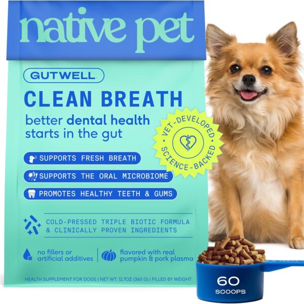Native Pet GutWell Clean Breath - Dog Breath Freshener & Dog Dental Powder - Teeth Cleaning to Reduce Plaque & Tartar - Promotes Fresh Breath with Targeted Triple-biotic Dental Care Blend - 60 Scoops