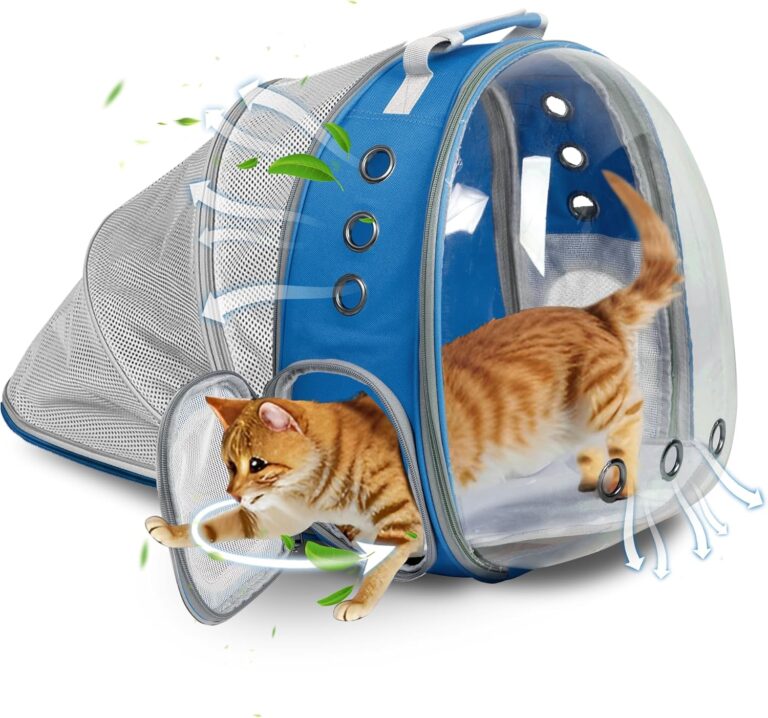 Cat Backpack Carrier Back Expandable Bubble Pet Carrier Backpack for Large Cat, Kitten and Dog, Designed for Hiking, Travelling and Outdoor Use (Back Expandable-Blue)